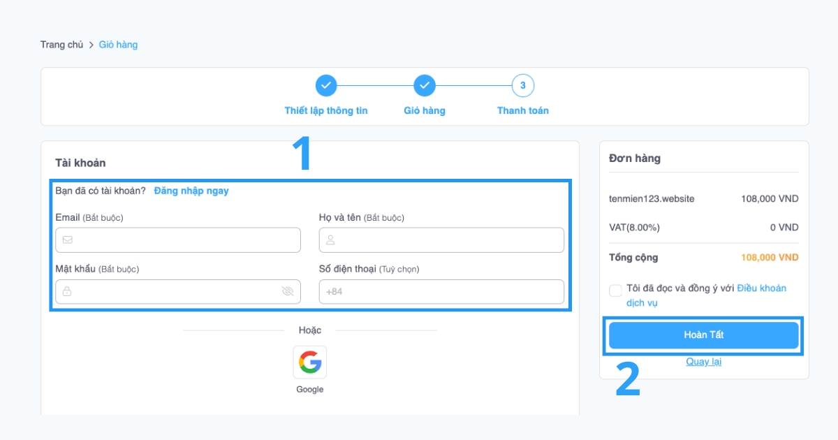 Bạn sẽ được yêu cầu đăng nhập vào tài khoản khách hàng tại Vietnix