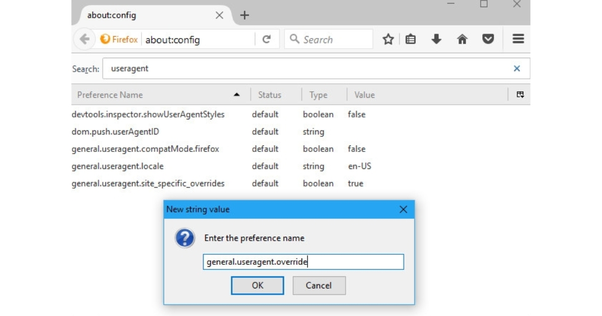 Một cửa sổ nhỏ sẽ hiện ra, yêu cầu bạn đặt tên. Hãy nhập chính xác general.useragent.override rồi nhấn OK