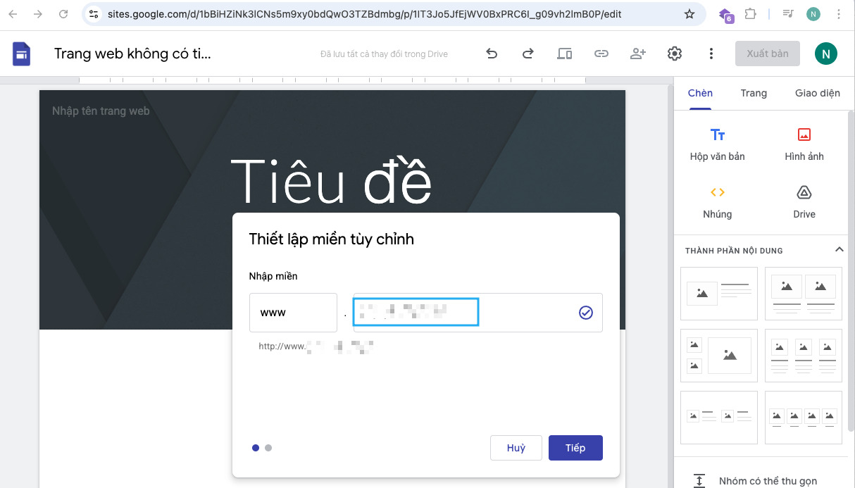Bạn nhập tên miền sau đó ấn Tiếp sẽ chuyển sang bước tiếp theo
