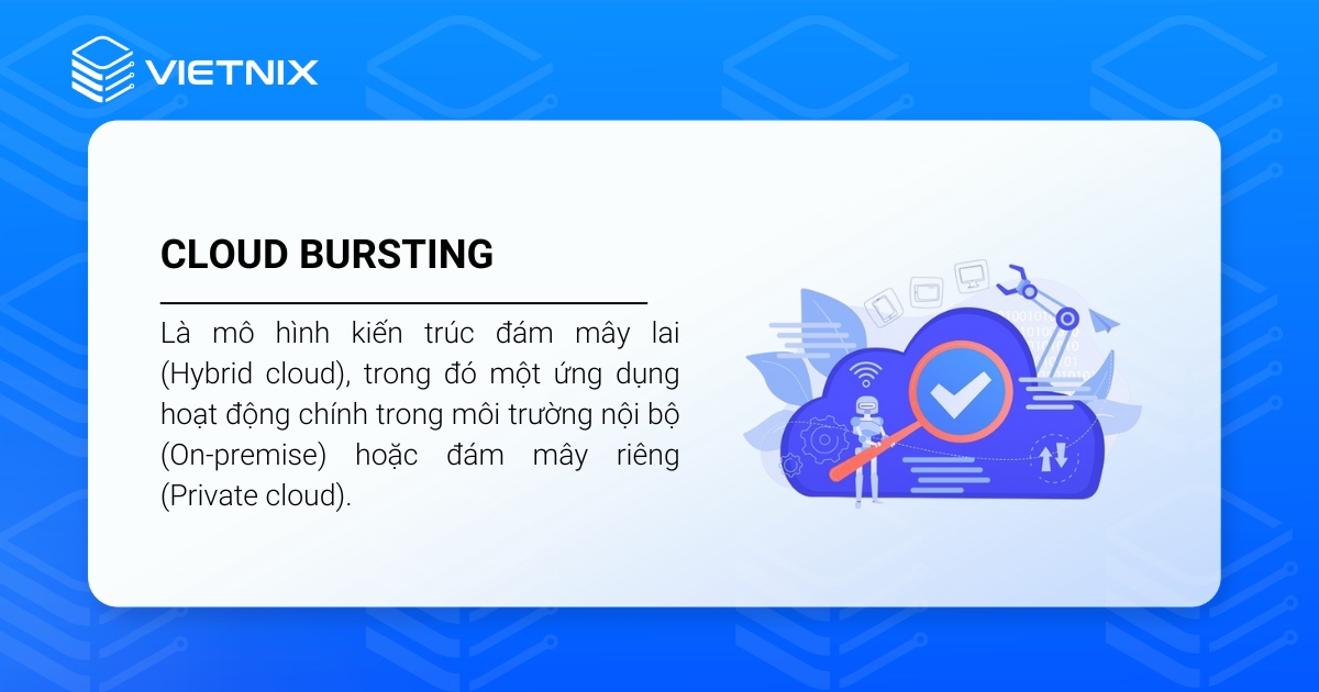 Cloud Bursting cho phép tổ chức vận hành ứng dụng hoặc hệ thống chủ yếu trên hạ tầng tại chỗ hoặc đám mây riêng,