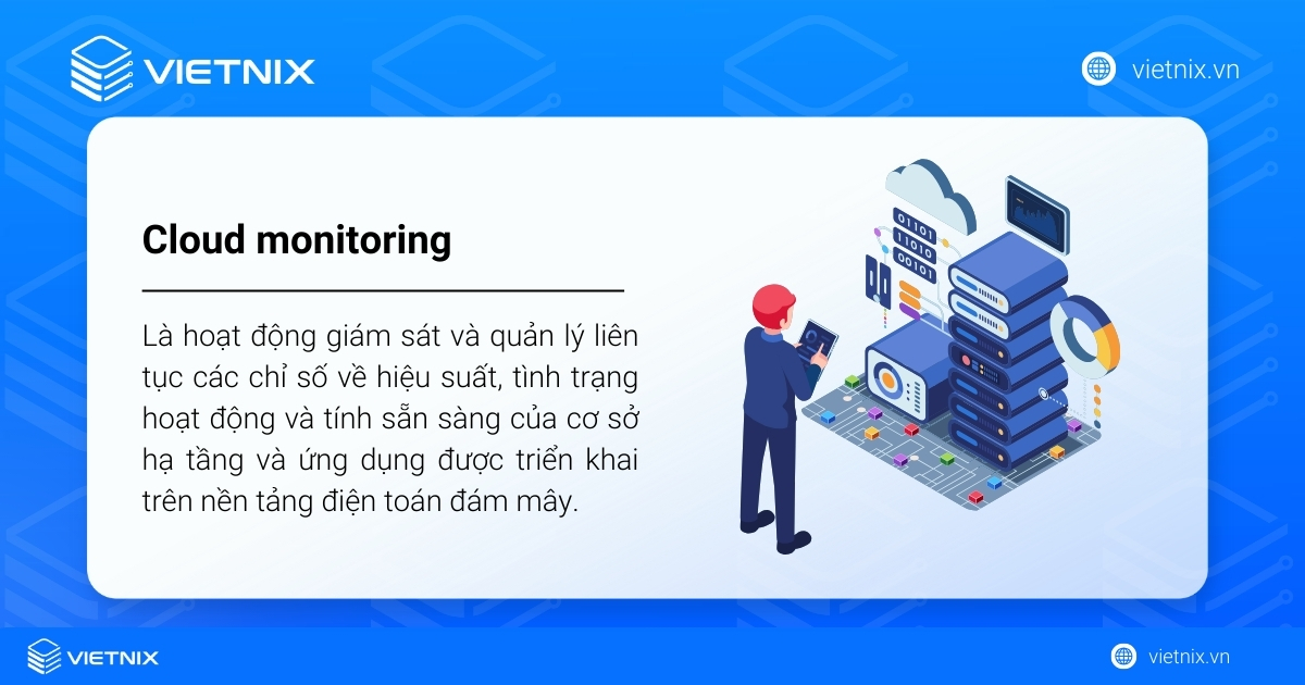 Cloud monitoring là hoạt động giám sát và quản lý liên tục các chỉ số về hiệu suất
