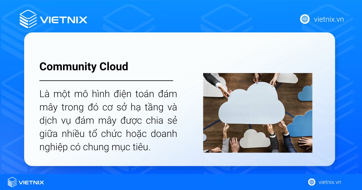 Community Cloud là một mô hình điện toán đám mây trong đó cơ sở hạ tầng và dịch vụ đám mây được chia sẻ giữa nhiều tổ chức