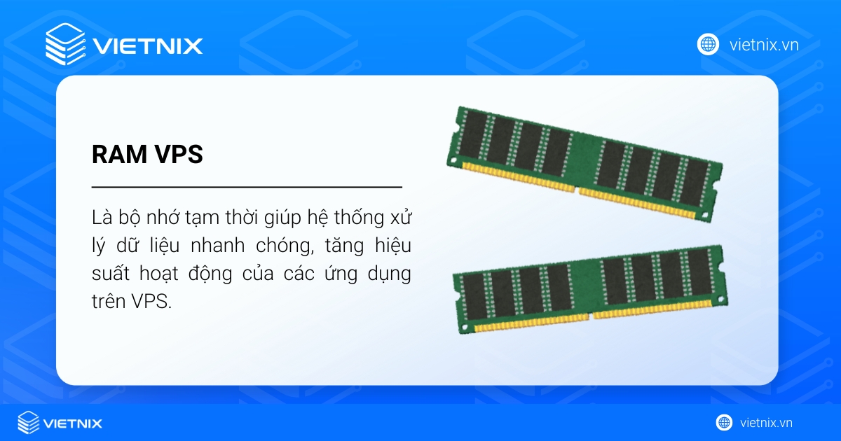 RAM trong VPS là bộ nhớ tạm thời giúp hệ thống xử lý dữ liệu nhanh chóng