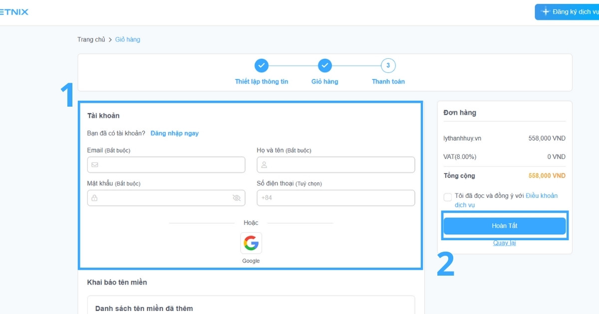 Khai báo đầy đủ, chính xác thông tin chủ sở hữu tên miền vào biểu mẫu được yêu cầu