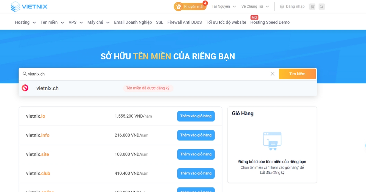 Sau đó, bạn cần nhập tên miền .ch mà bạn mong muốn vào ô tìm kiếm