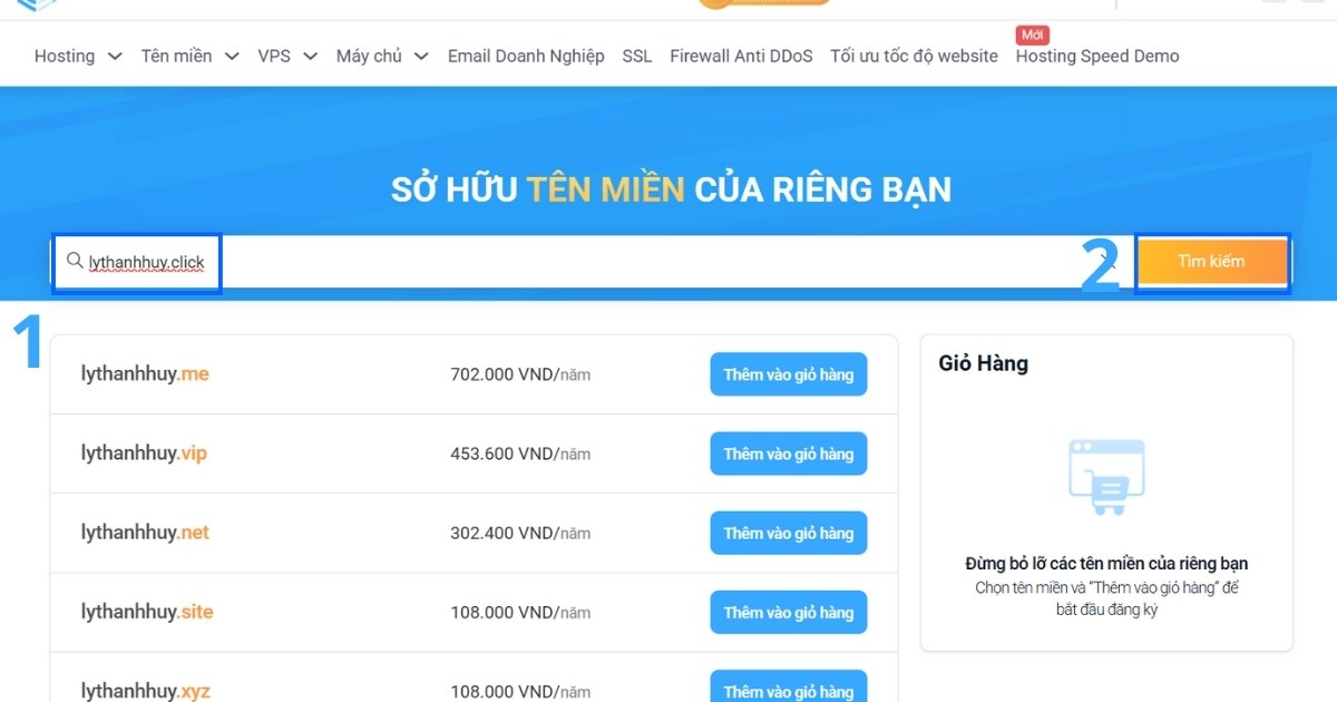 Nhập tên miền .click bạn dự định đăng ký vào ô tìm kiếm