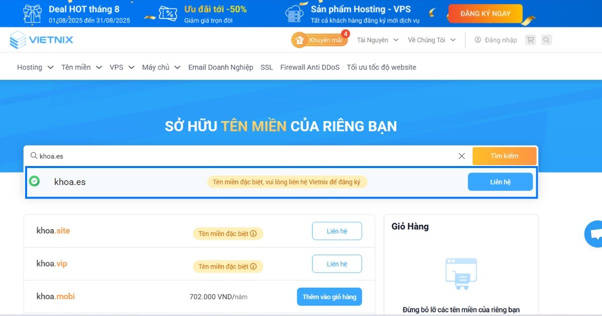 Tên miền .es là gì? Cách đăng ký chi tiết tại Vietnix 19 Nếu tên miền còn trống và có thể đăng ký, bạn sẽ thấy nút Liên hệ