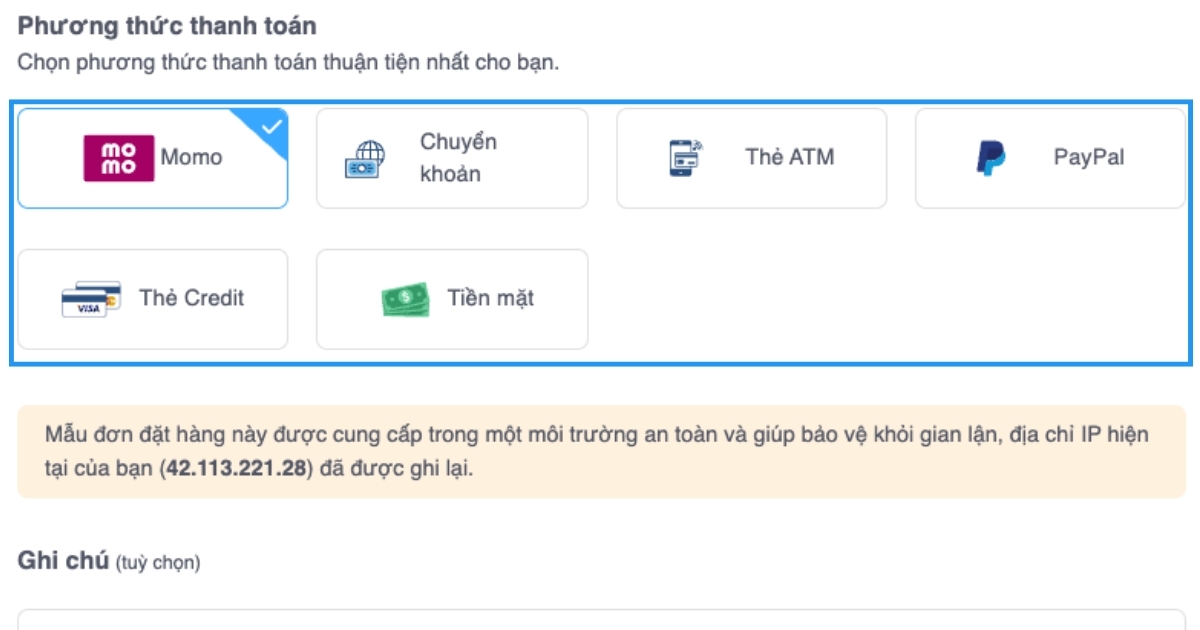 Bạn sẽ được chuyển sang trang lựa chọn phương thức thanh toán