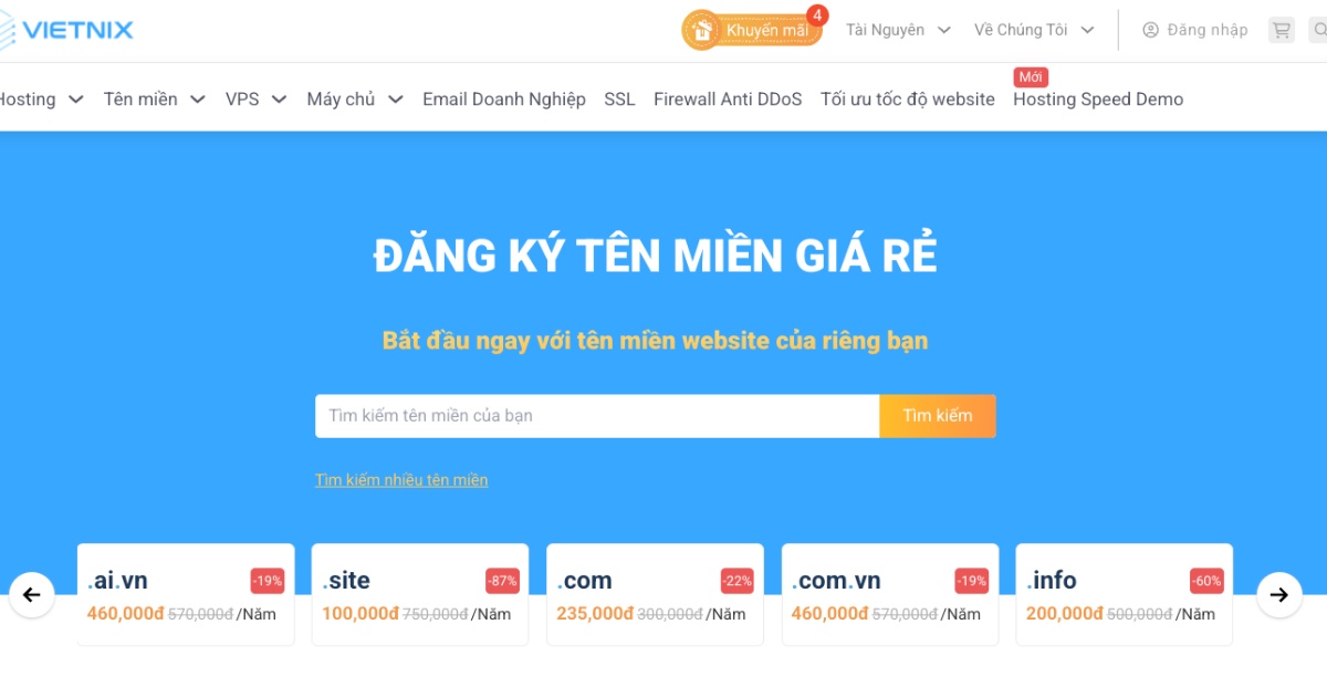 Đầu tiên, bạn mở trình duyệt và truy cập vào trang Đăng ký tên miền của Vietnix