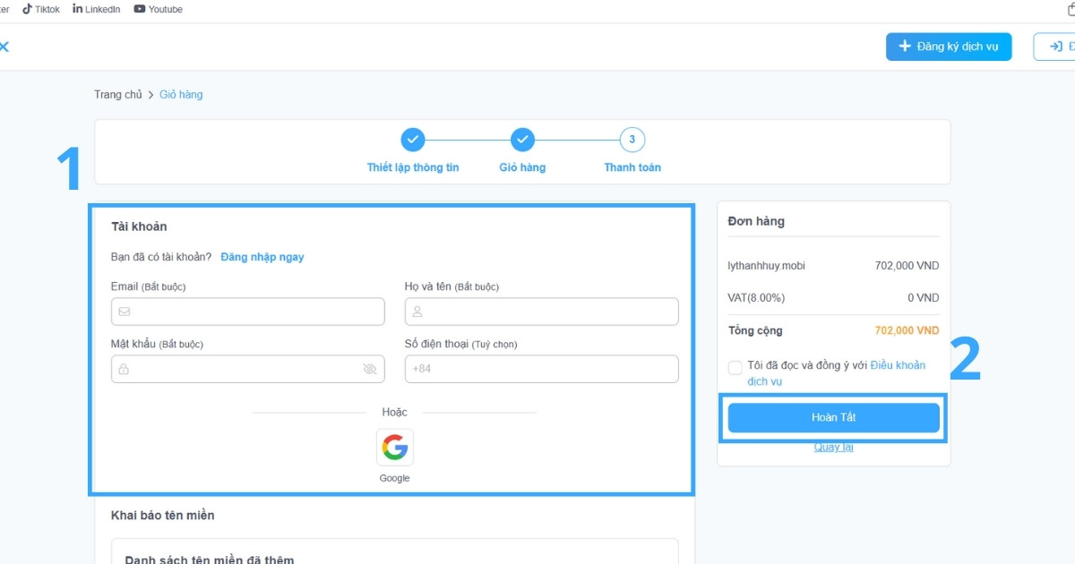 Điền đầy đủ thông tin cá nhân chủ sở hữu tên miền vào biểu mẫu hệ thống cung cấp
