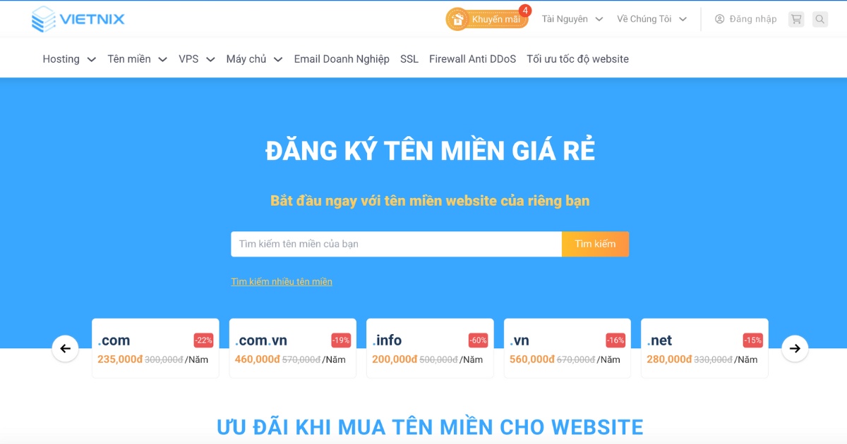 Truy cập trang kiểm tra và đăng ký tên miền tại Vietnix