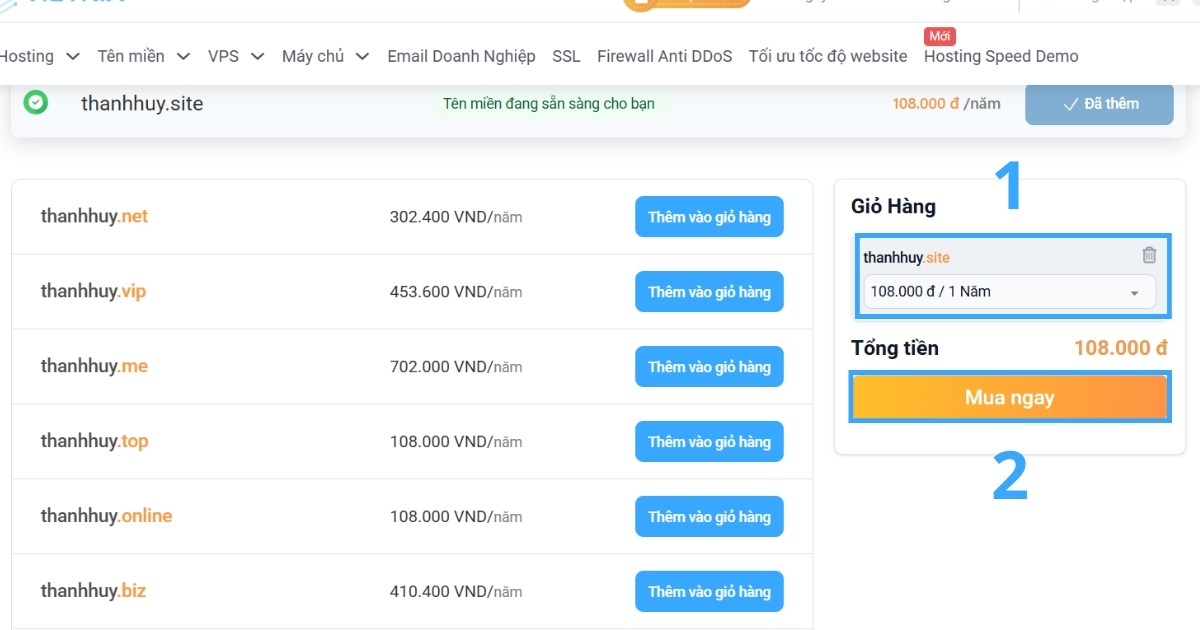 Tên miền .site là gì? Hướng dẫn cách mua tên miền .site đơn giản tại Vietnix 38 Bạn chỉ cần bấm Thêm vào giỏ hàng để tiếp tục