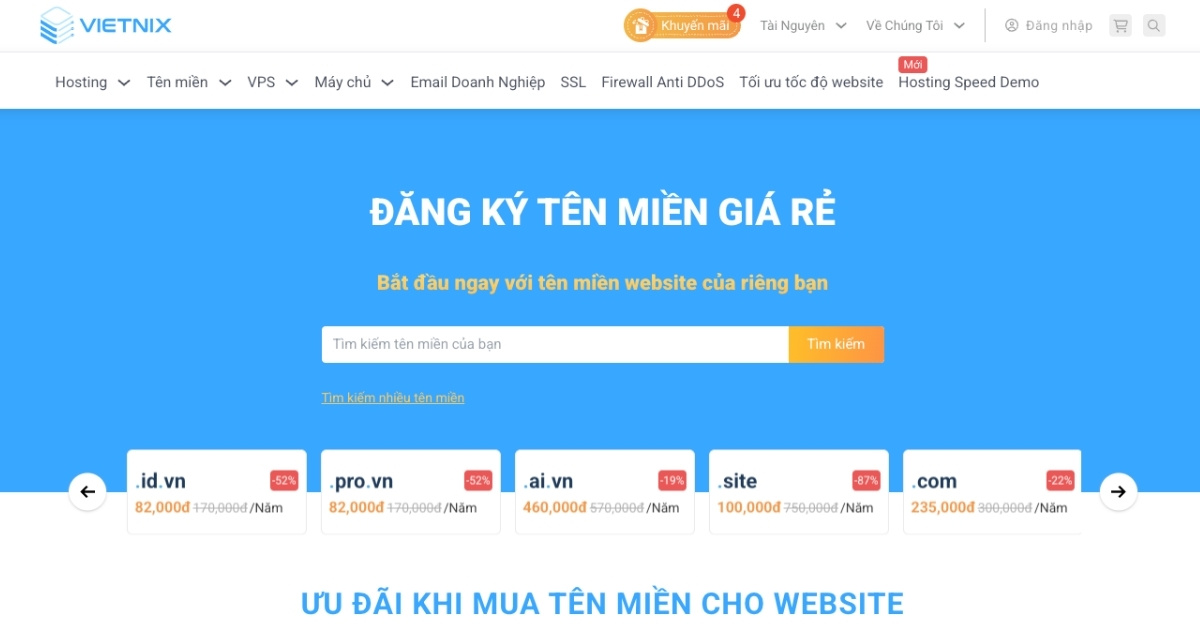 Bạn truy cập vào trang đăng ký tên miền chính thức của Vietnix