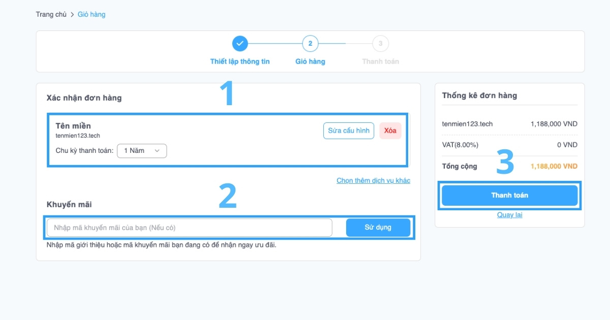 Bạn áp dụng mã khuyến mãi (nếu có) và nhấn nút Thanh toán