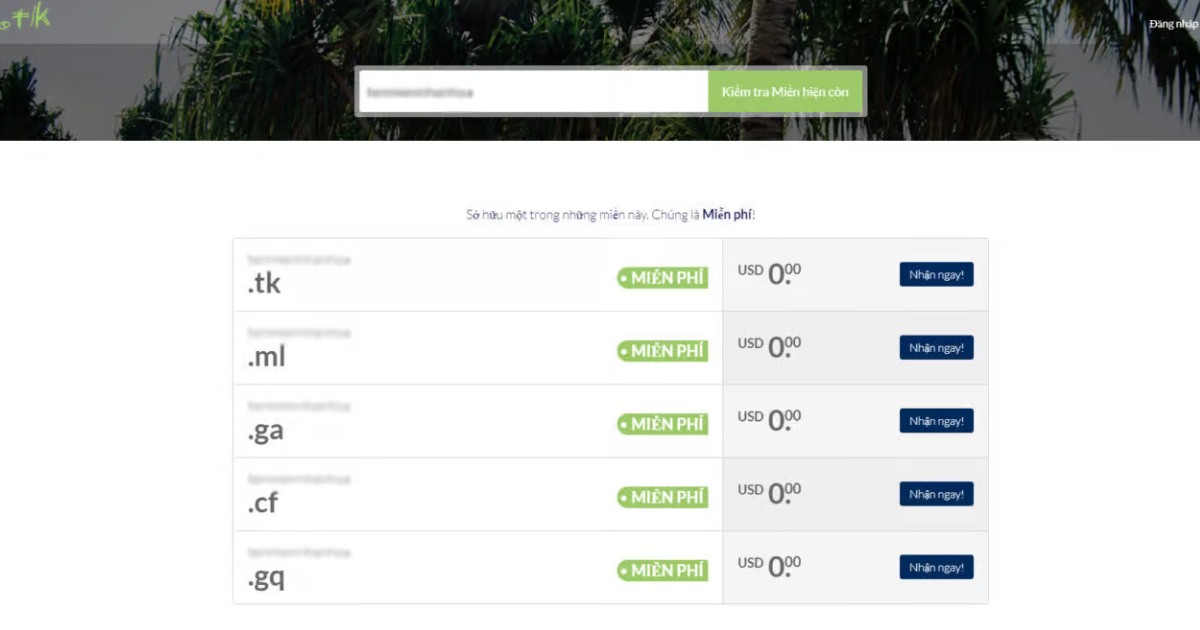 Chọn tên miền phù hợp, nhấn thanh toán với giá 0 đồng