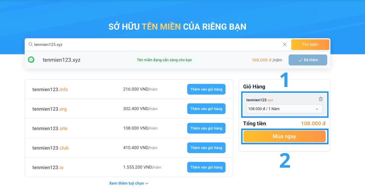 Bạn kiểm tra lại thông tin về thời gian đăng ký và tổng số tiền cần thanh toán, sau đó bấm Mua ngay để tiếp tục
