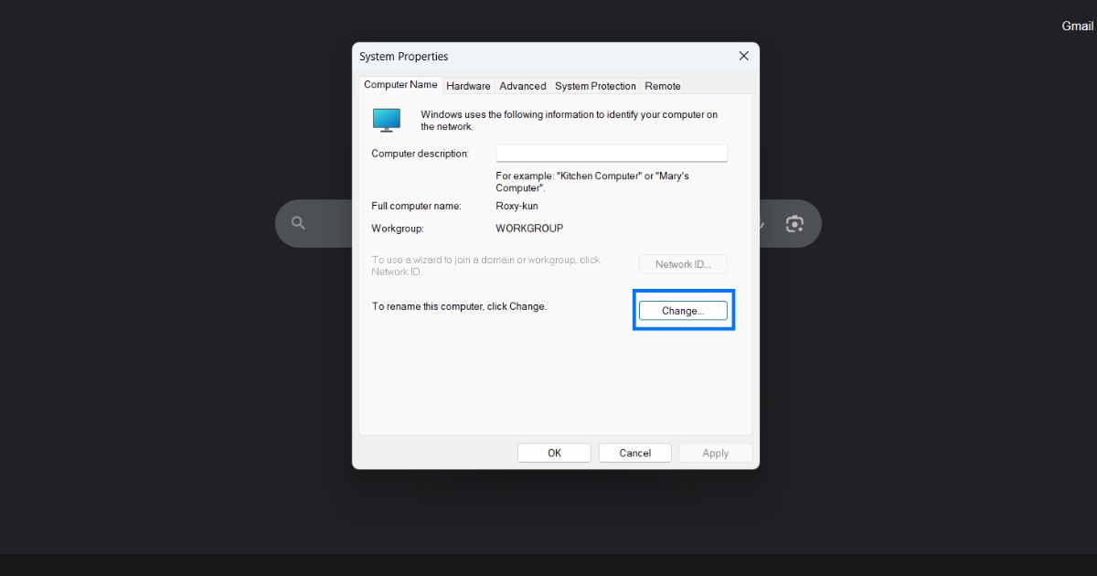 Chuyển sang tab Computer Name và nhấn vào nút Change….
