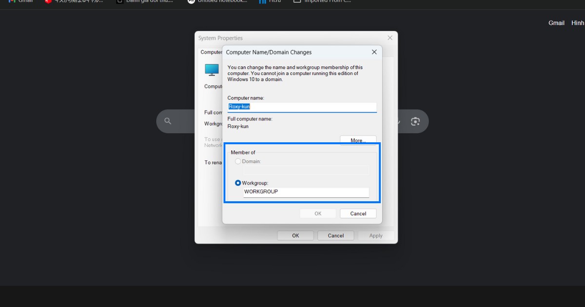 Sau đó bạn nhập một tên bất kỳ cho Workgroup (ví dụ: WORKGROUP) và nhấn OK