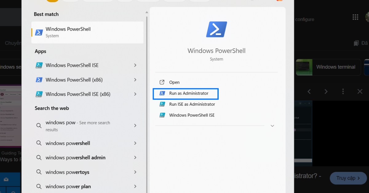 Bạn cần nhớ luôn chạy PowerShell với quyền Run as Administrator.
