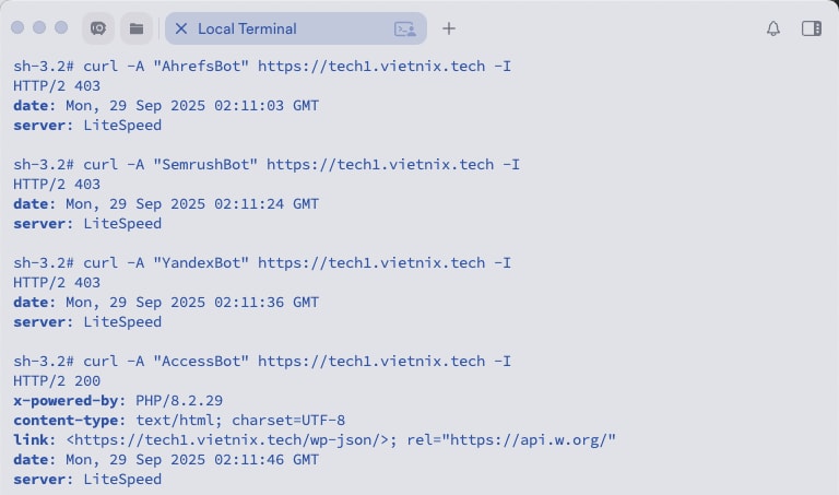 Thử nghiệm sau khi thêm file htaccess
AccessBot truy cập được vì không bị chặn trên htaccess