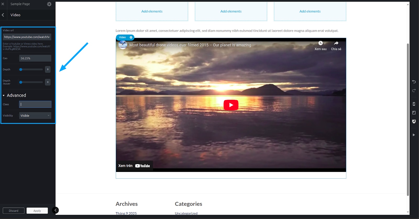 Thêm Class dưới mục Advanced để tự custom CSS từng phần tử 