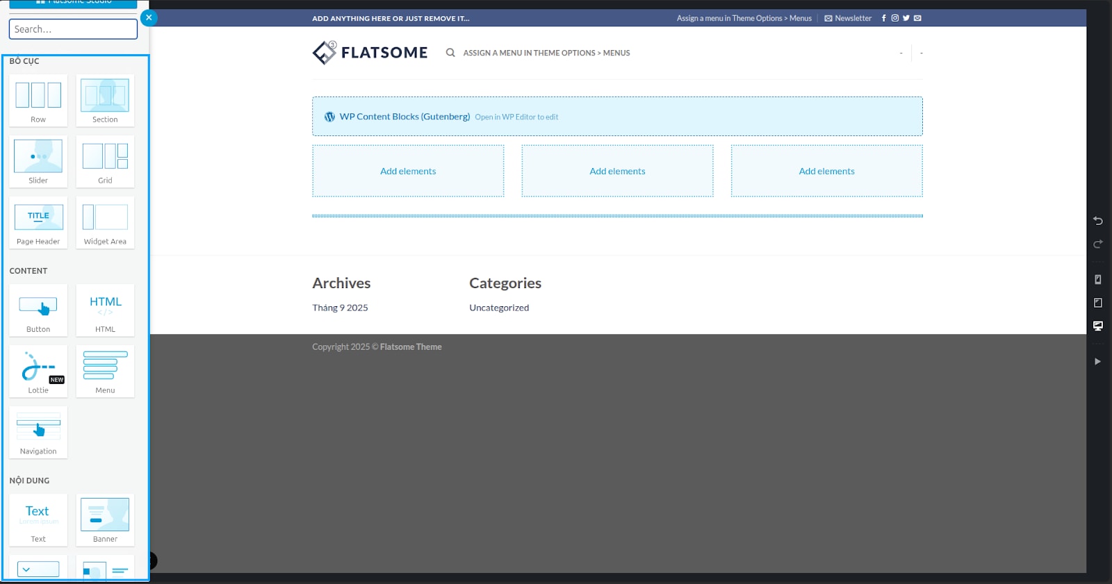 Add Element để thêm phần tử như chia cột, ảnh, văn bản, video