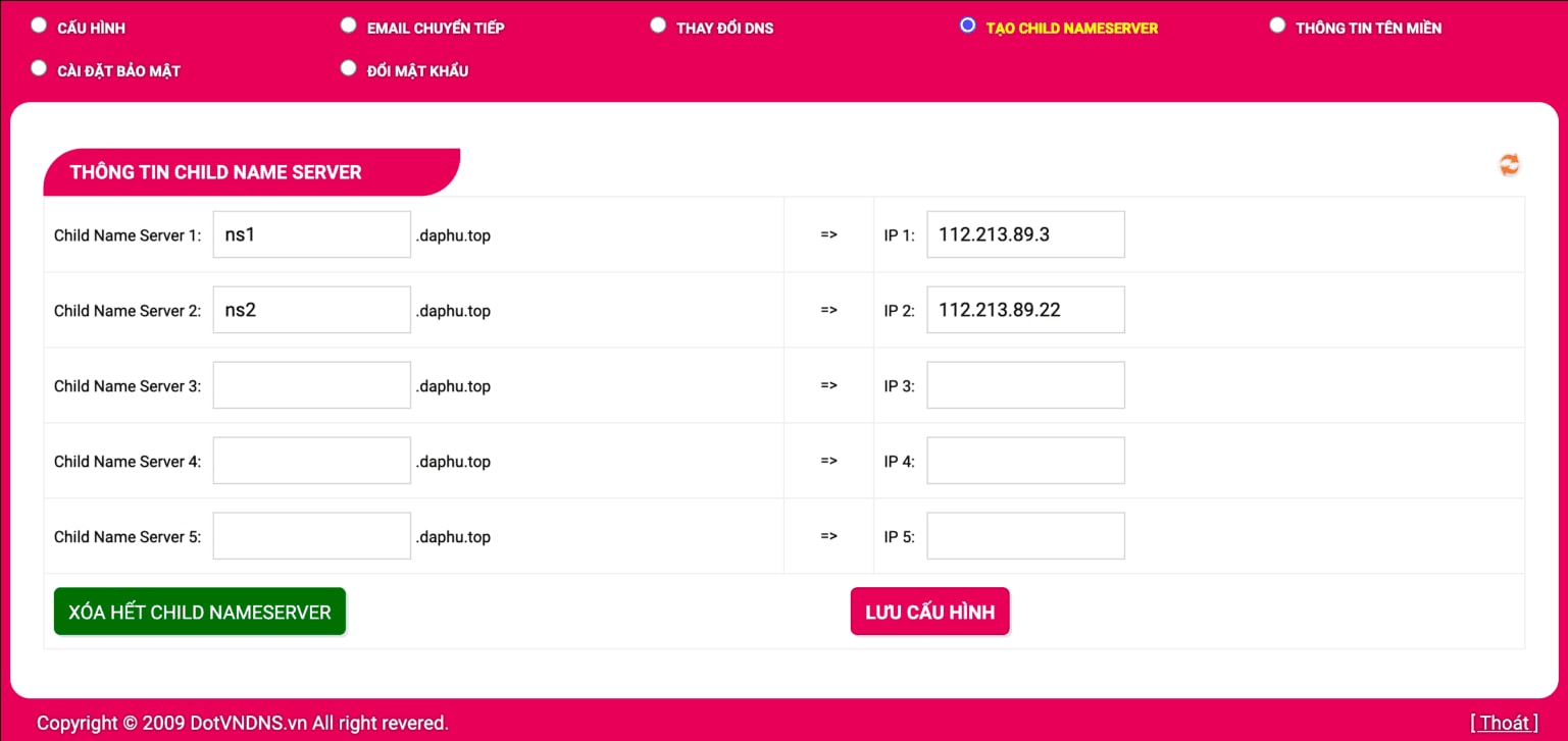 Khai báo thông tin nameserver
