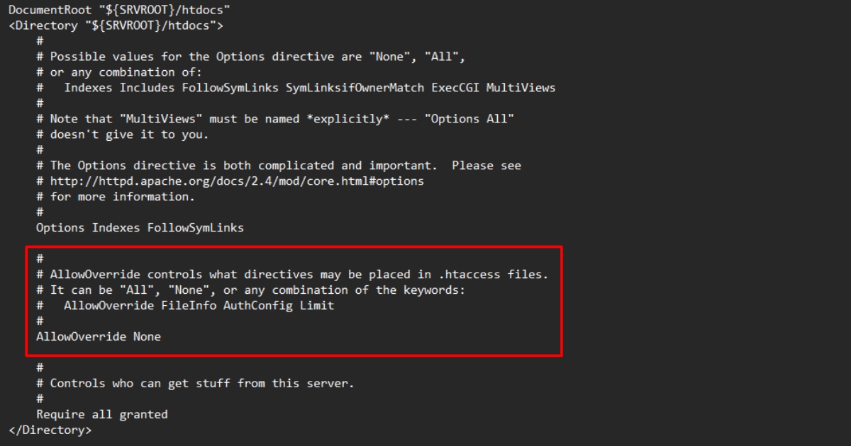 Tìm tới và chuyển AllowOverride None