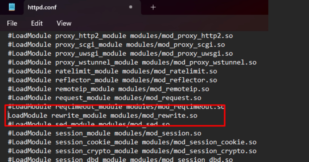 Bỏ dấu "#" trước LoadModule rewrite_module modules/mod_rewrite.so