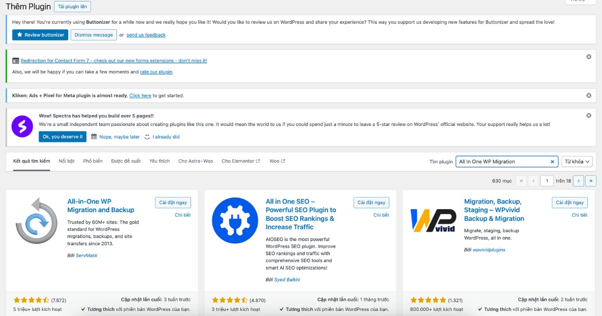 Tìm kiếm và cài đặt plugin All In One WP Migration