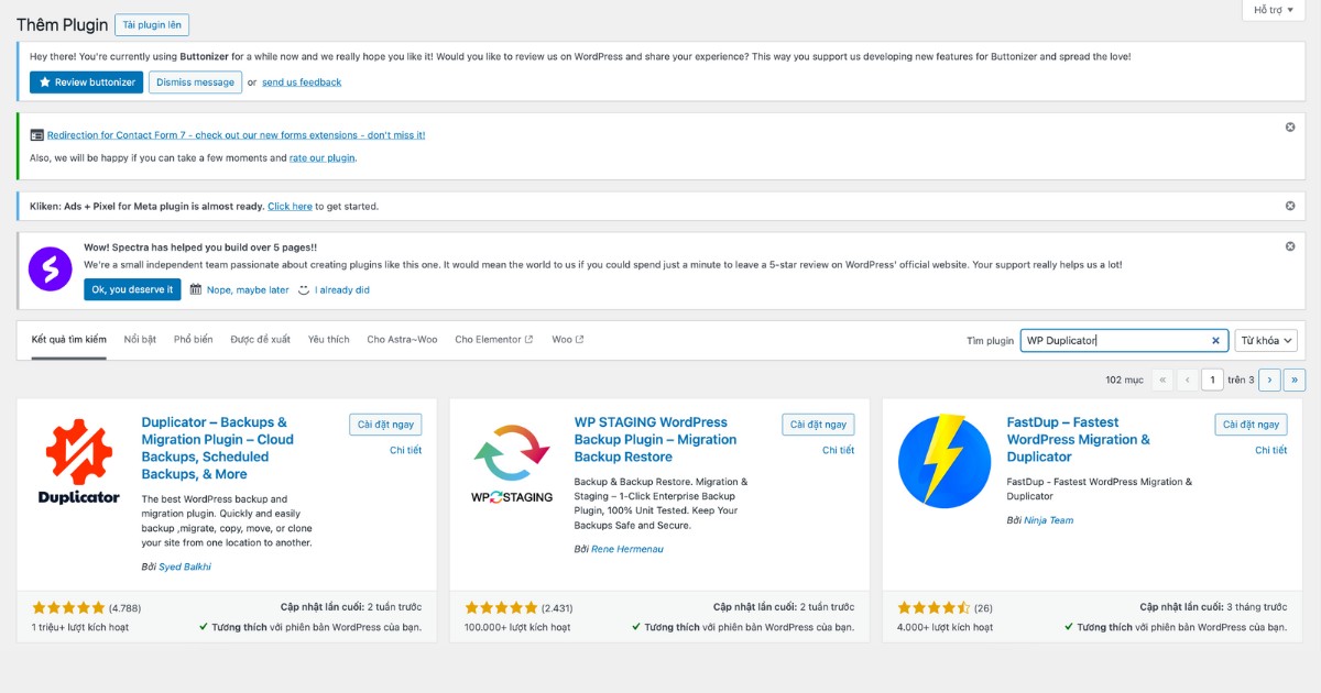 Tìm kiếm và cài đặt plugin WP Duplicator