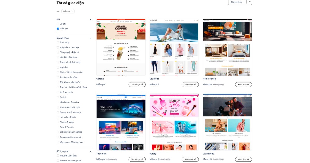 Cách tạo website bán hàng online miễn phí và đơn giản 2025 40 Chọn template theo lĩnh vực ngành hàng