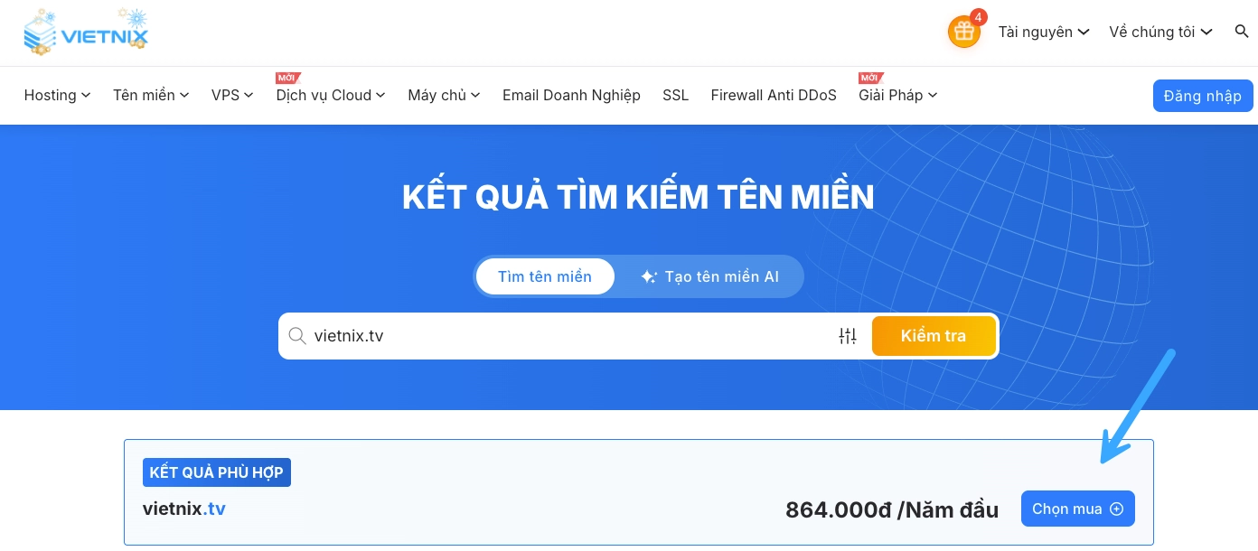 Kiểm tra tên miền .tv và chọn mua
