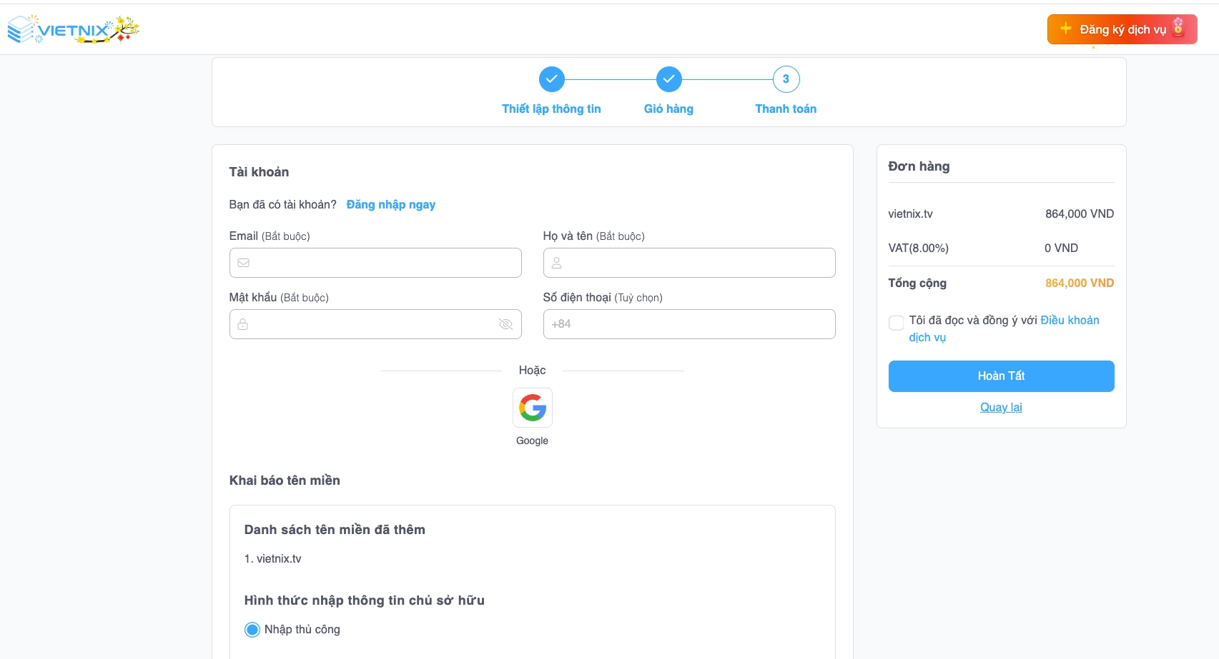 Đăng nhập tài khoản Vietnix