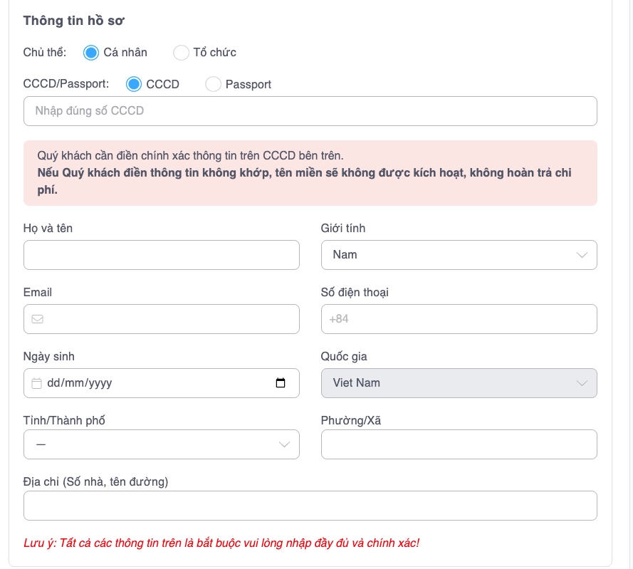 Điền thông tin hồ sơ