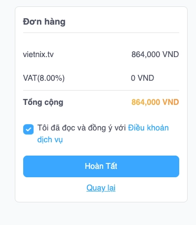 Chọn Tôi đã đọc và đồng ý Điều khoản dịch vụ rồi nhấn Hoàn tất