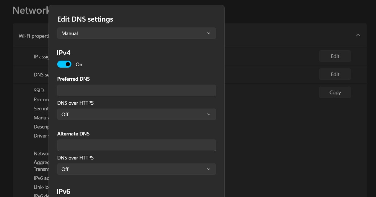 Chuyển chế độ DNS setting sang Manual và bật IPv4