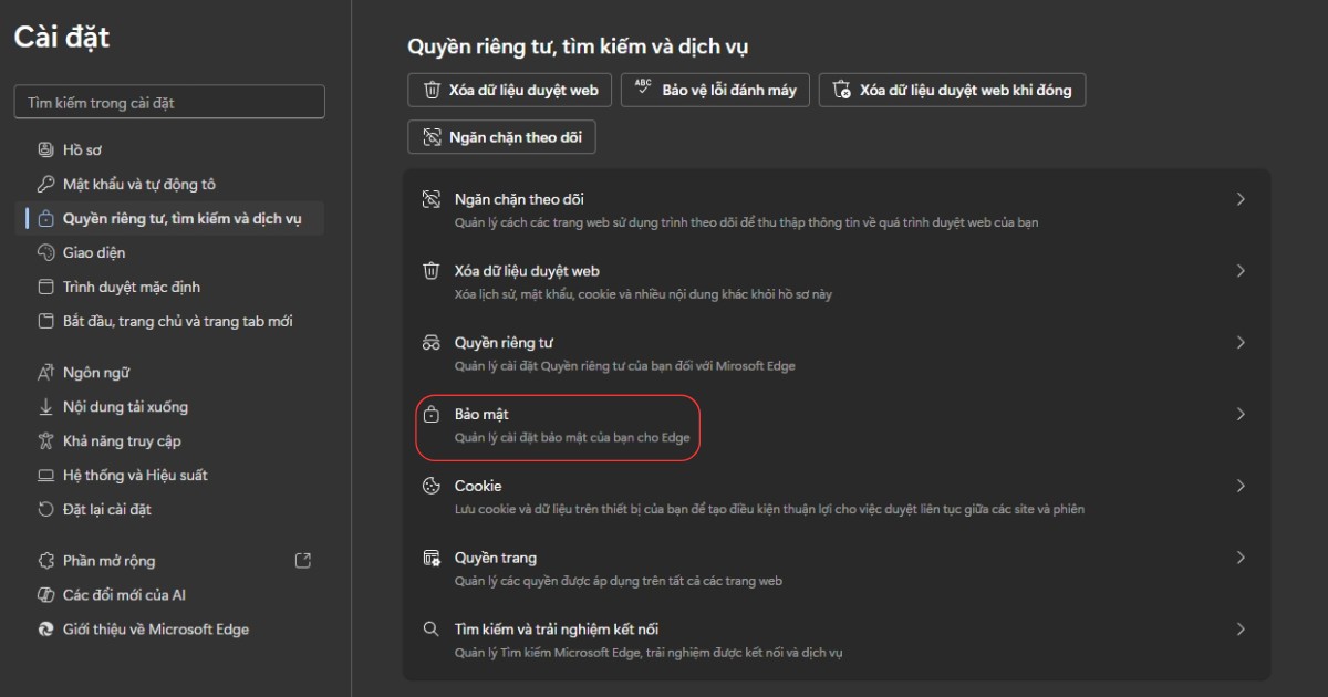 Chọn Quyền riêng tư, tìm kiếm và dịch vụ rồi chọn Bảo mật