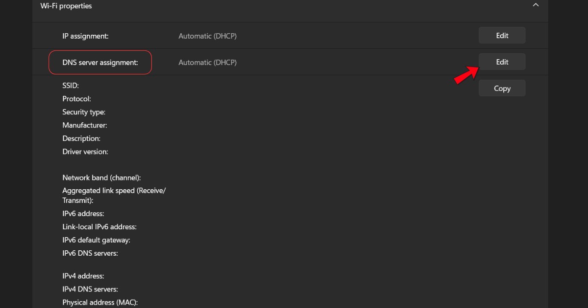 Tìm phần DNS server assignment và chọn Edit