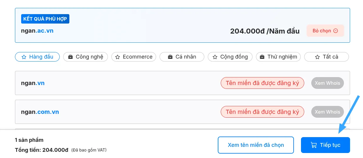 Chọn tiếp tục để mua tên miền .ac.vn