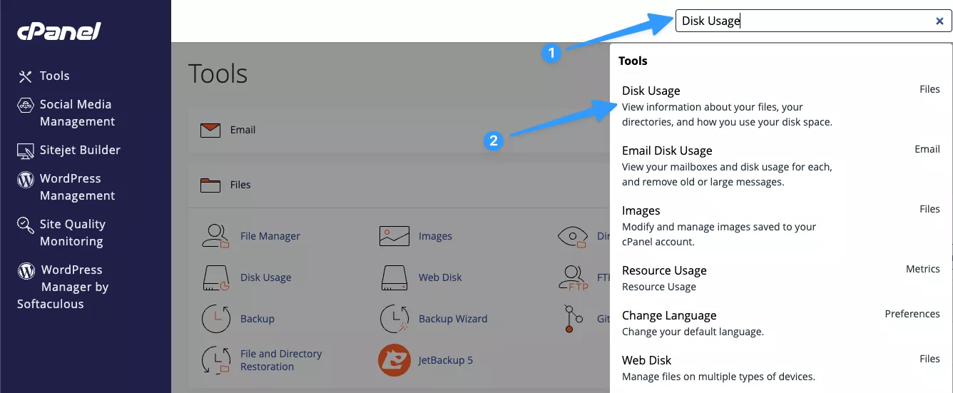Gõ Disk Usage và nhấp vào công cụ xuất hiện