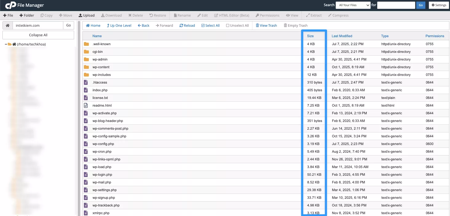 Nhấp vào tiêu đề cột Size để sắp xếp từ lớn đến nhỏ