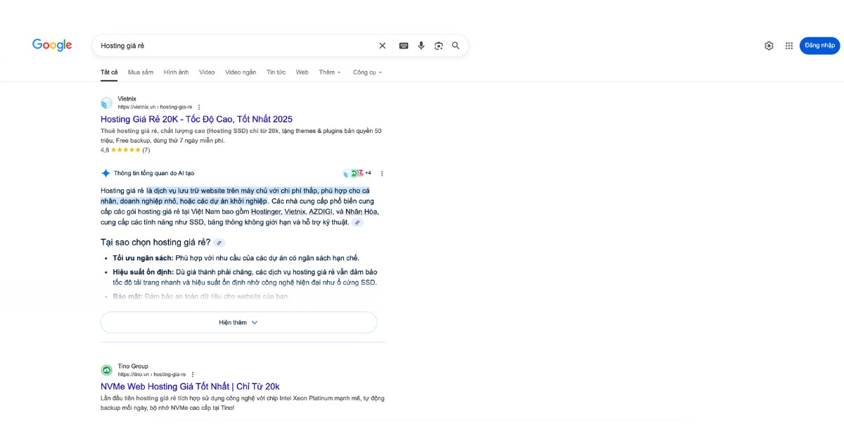 Tìm kiếm từ khóa Hosting giá rẻ trên trình duyệt ẩn danh