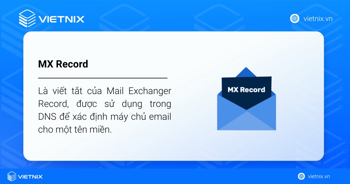 MX Record là gì? Hướng dẫn cấu hình và kiểm tra chi tiết từ A đến Z 23 MX Record là viết tắt của Mail Exchanger Record, được sử dụng trong DNS để xác định máy chủ email cho một tên miền