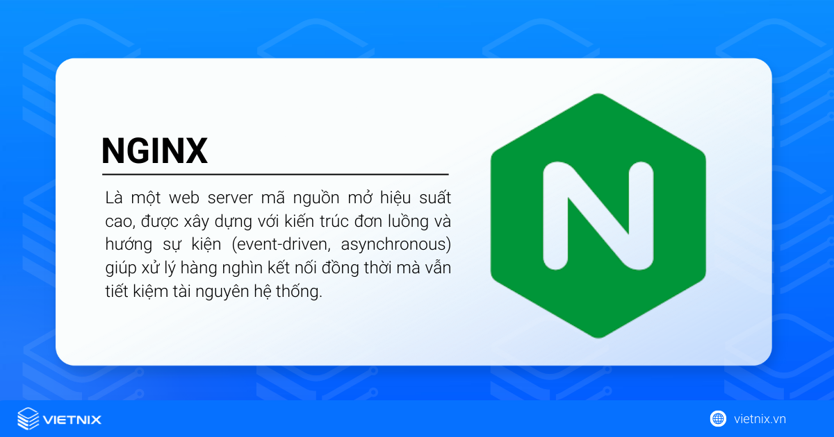 NGINX là một web server mã nguồn mở hiệu suất cao, được xây dựng với kiến trúc đơn luồng và hướng sự kiện