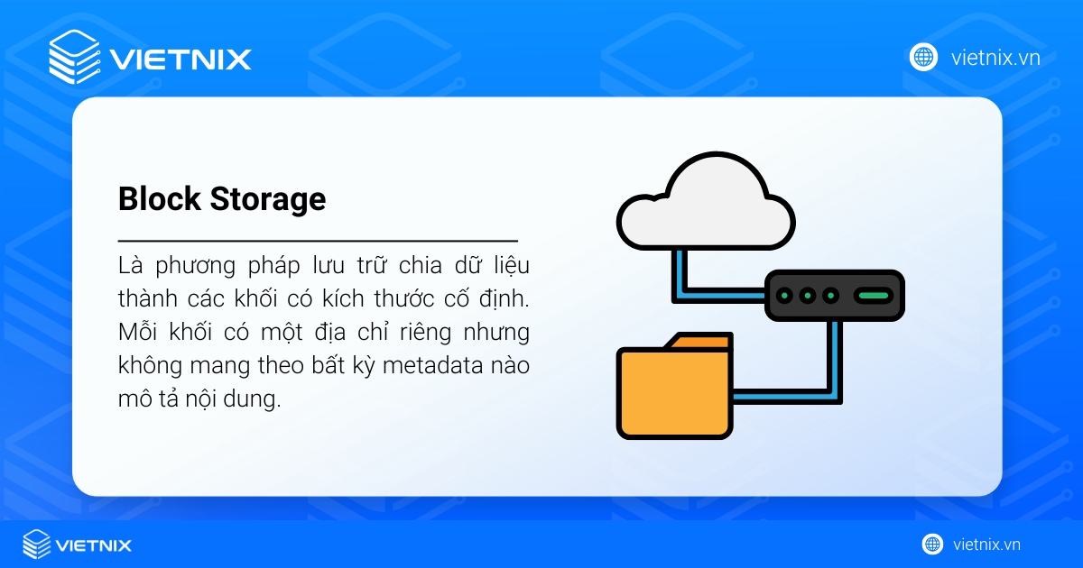 Object Storage là gì? Định nghĩa, lợi ích và so sánh chi tiết 44 Block Storage (Lưu trữ khối) là phương pháp lưu trữ chia dữ liệu thành các khối có kích thước cố định