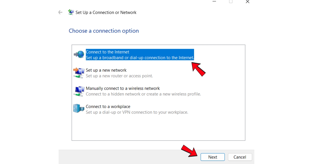 PPPoE là gì? Vai trò và ứng dụng của giao thức kết nối PPPoE 55 Trình hướng dẫn Set Up a Connection or Network xuất hiện