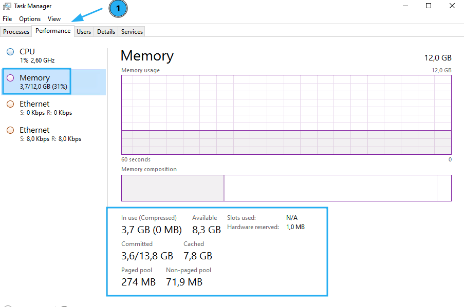 Đầu tiên, bạn vào Task Manager. Sau đó, chọn mục Performance