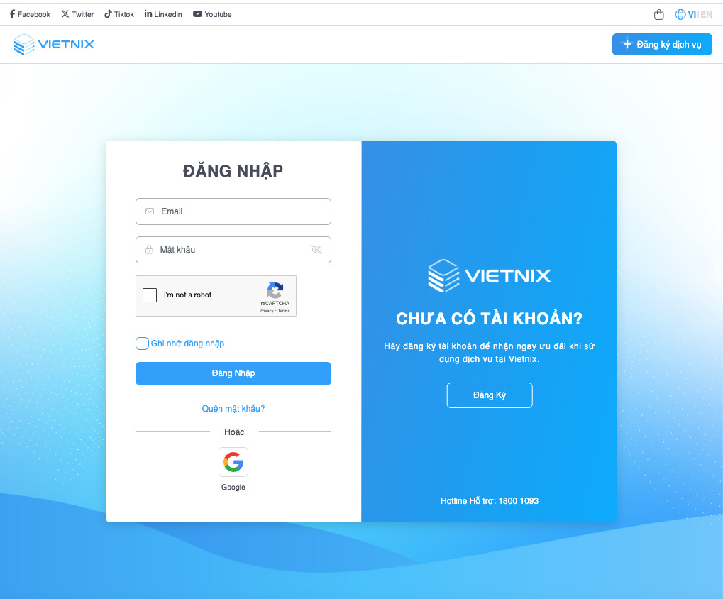 Truy cập bằng tài khoản sử dụng dịch vụ tại Vietnix