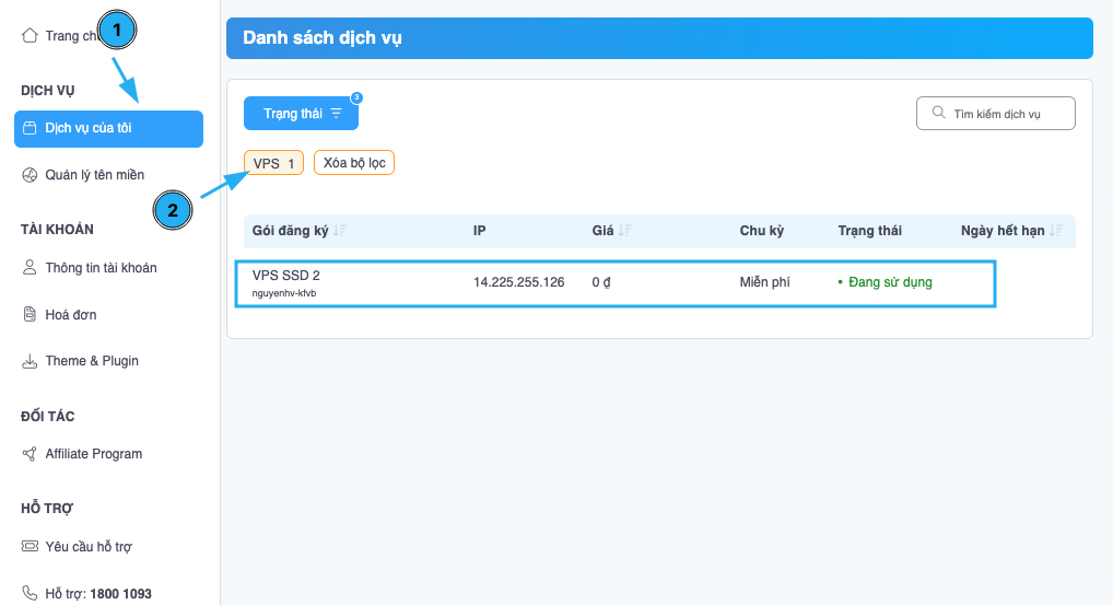 Truy cập đến dịch vụ VPS mà bạn muốn reinstall
